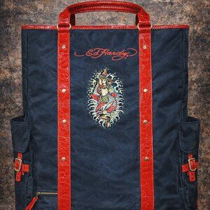 Ed Hardy Dragon Mermaid Tattoo Tote Bag • Red Croc Trim • Y2K Punk Streetwear